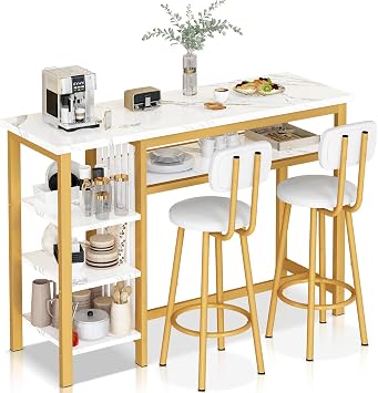 Lamerge Furniture Kitchen Bar Height Table and Chairs for 2, 5-Tier Compact Dining Room Table, White Faux Marble Top and 2 PU Leather Upholstered Seat, Modern Diningroom Set for Home/Studio/Office