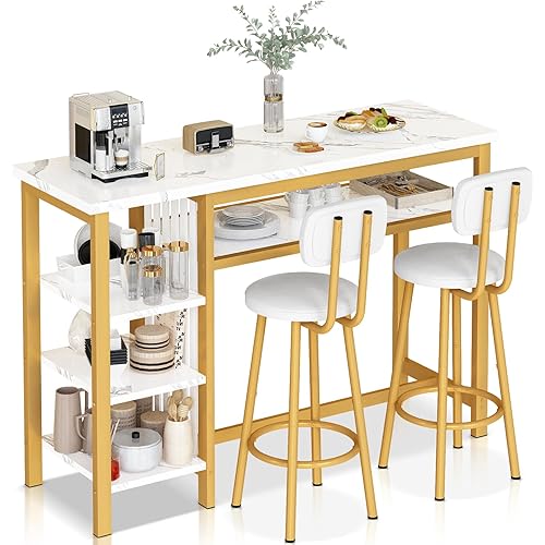 Lamerge Furniture Kitchen Bar Height Table and Chairs for 2, 5-Tier Compact Dining Room Table, White Faux Marble Top and 2 PU Leather Upholstered Seat, Modern Diningroom Set for Home/Studio/Office