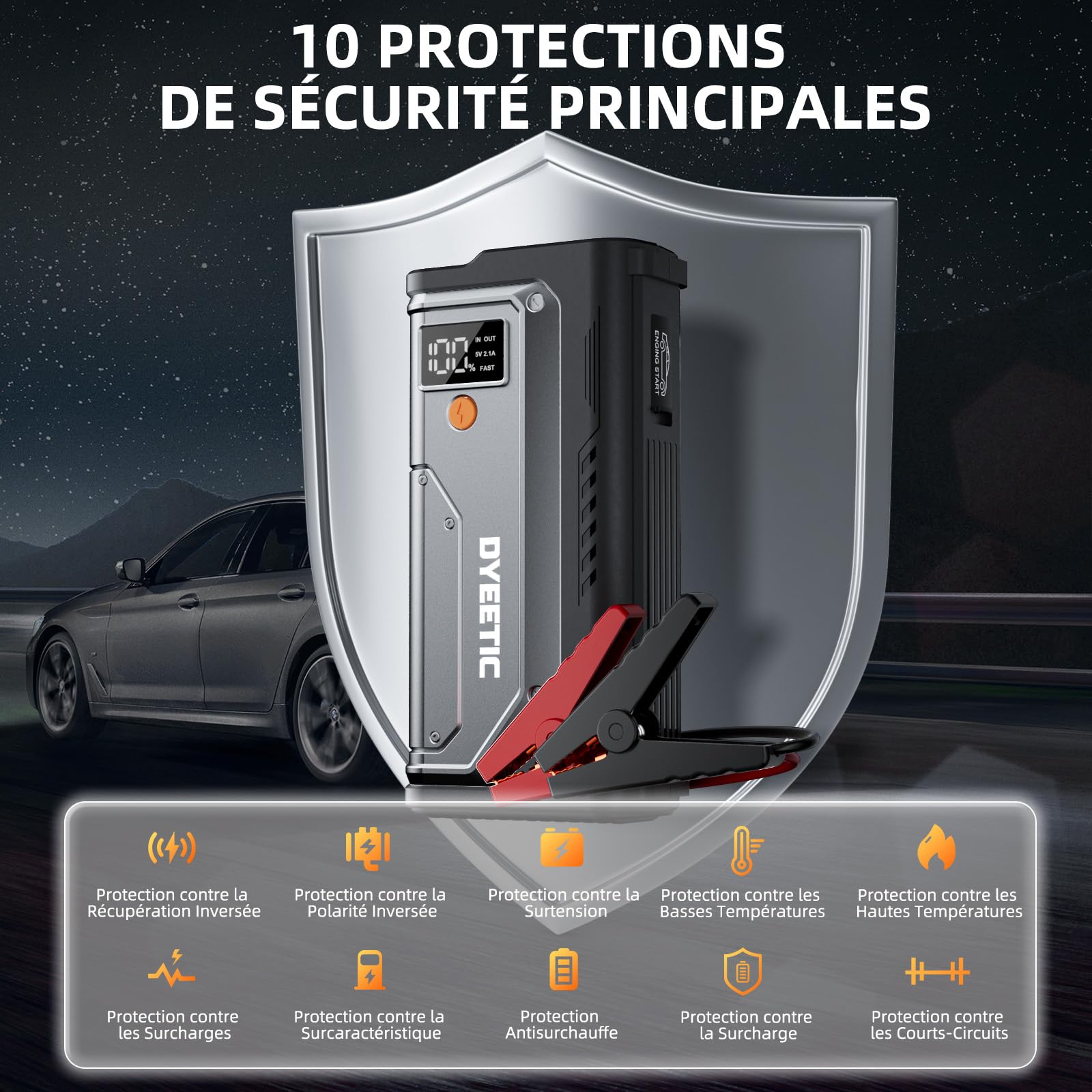 Booster Batterie Voiture 6000A, 12V Démarreur de Voiture pour Moteurs (jusqu'à All Gaz & 10,0L Diesel), Booster Batterie Moto Portable Jump Starter avec Lampe de Poche à LED, Rapide Charge USB