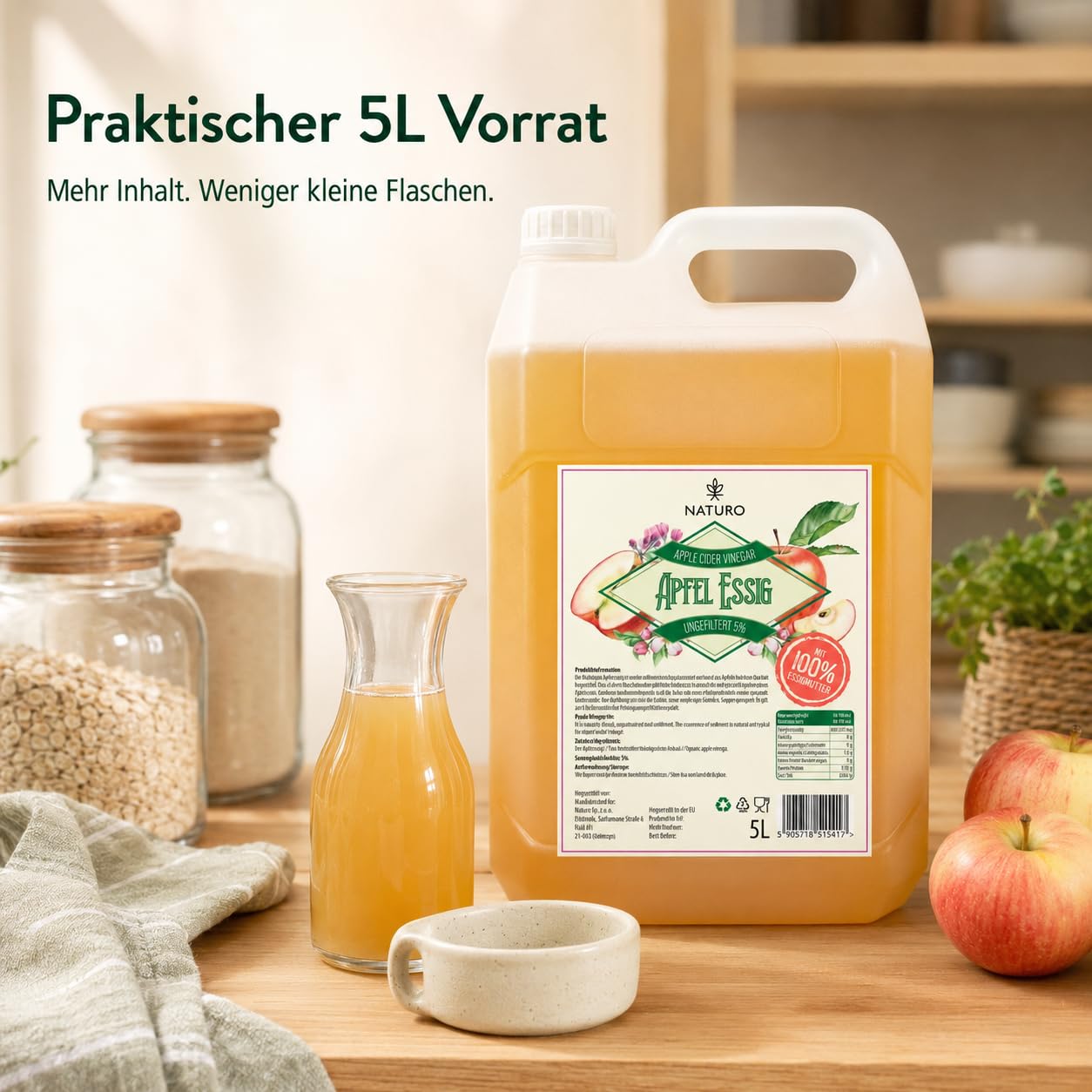 Naturo - Apfelessig Naturtrüb 5L – Hochwertiger Essig Ungefiltert 5% - Essigmutter Großer Vorratspackung - 100% natürlich, ohne Zusatzstoffe - ideal für Salate, Saucen und Gesundheitsvorteile