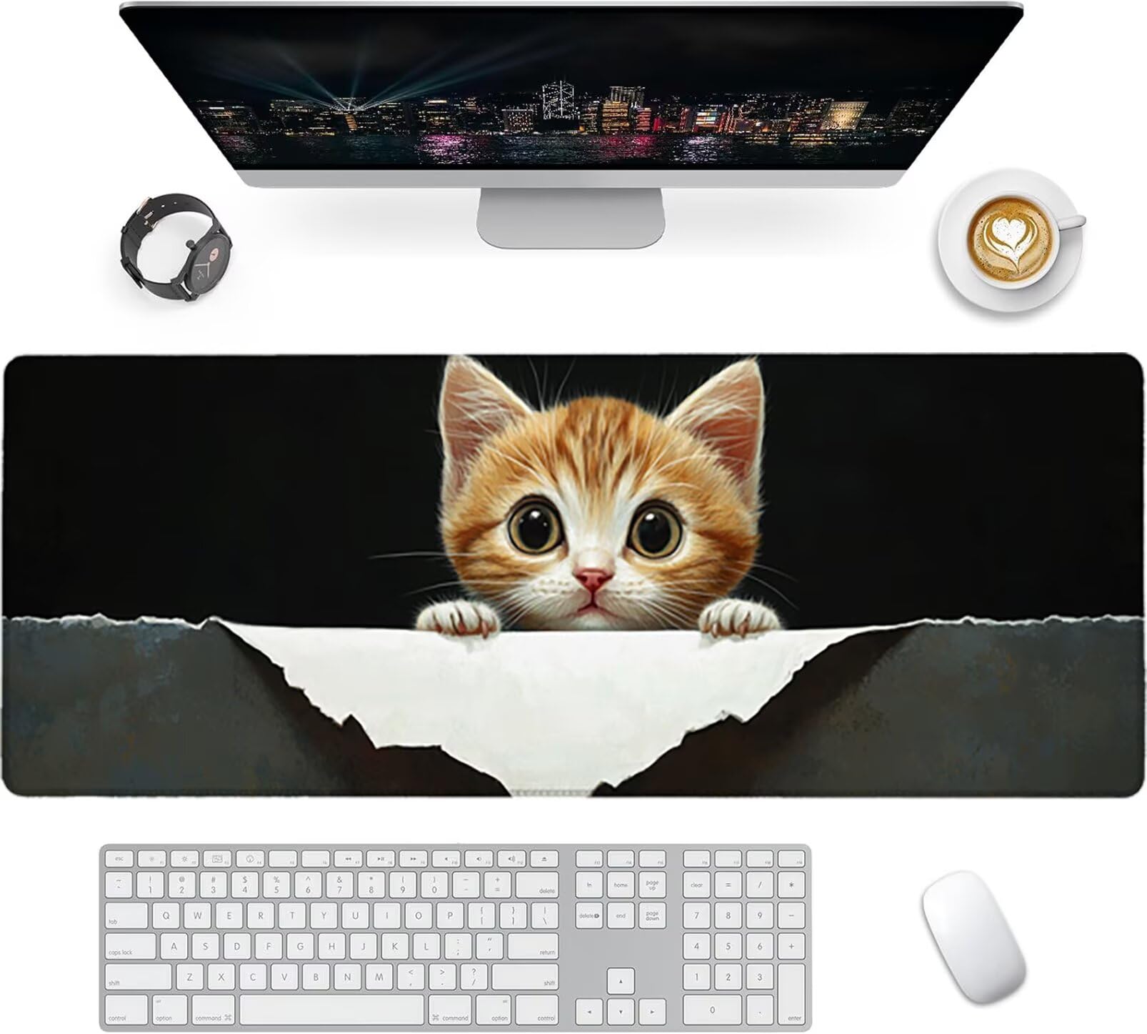 Lpfieonn Katze Schreibtischunterlage XXL, Schwarz Schreibtischunterlagen Großes, Gaming Mousepad XXL mit ernähter Rand und Rutschfeste Gummibasis, Desk Mat für PC/Laptop/Mausa 120x60cm PF-2034