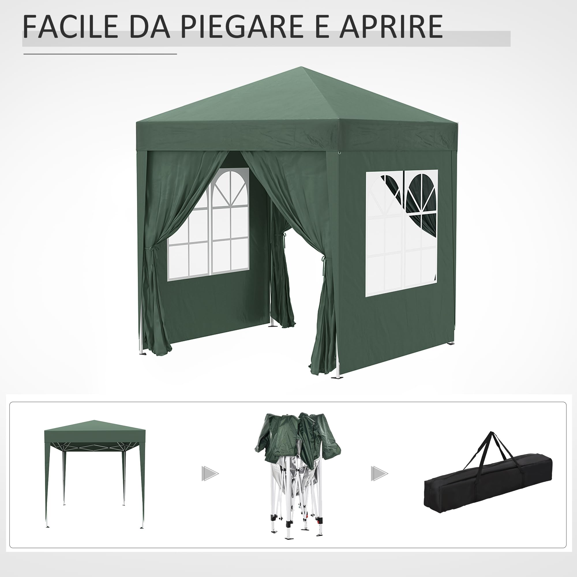 Outsunny Gazebo 2x2 m Pop-up Impermeabile con 4 Pareti Rimovibili, Gazebo Pieghevole in Metallo e Poliestere con Borsa da Trasporto, Verde