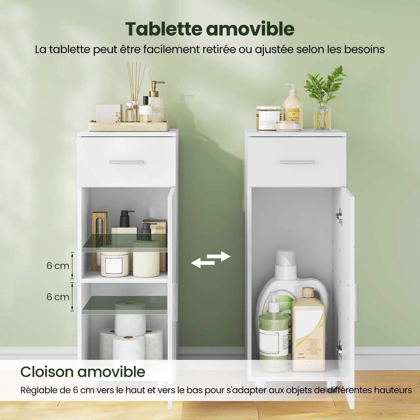EUGAD Meuble Salle de Bain sur Pied, Placard de Rangement avec 1 Porte, 1 Tiroir, 1 Étagère Ajustable, pour Entrée, Salon, Cuisine, Chambre, 30x30x80cm, Blanc