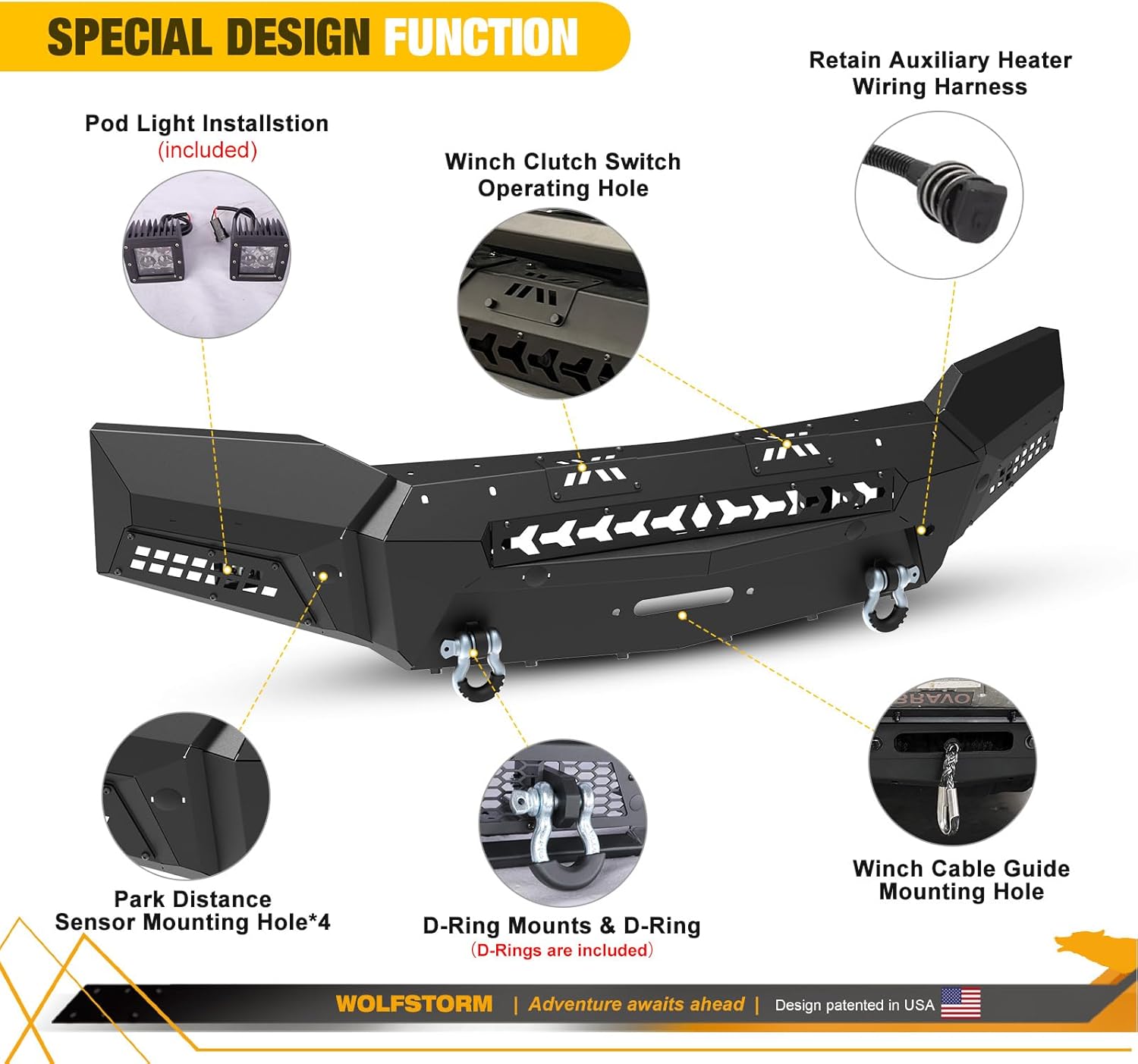 WOLFSTORM Steel Front Bumper Fit for 2019-2021 Chevrolet Silverado 1500/2022 Chevy Silverado 1500 LTD Model(Exclude 2019 LD Model), w/Side Wings, Powder Coated for Waterproof and Rustproof, Black