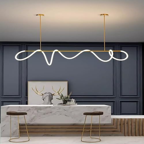 Miniatura 10 de Moderna lámpara colgante lineal de escritorio regulable, dorada con lámpara de anillo remoto, ajuste de altura de 39 pulgadas, lámpara de techo de