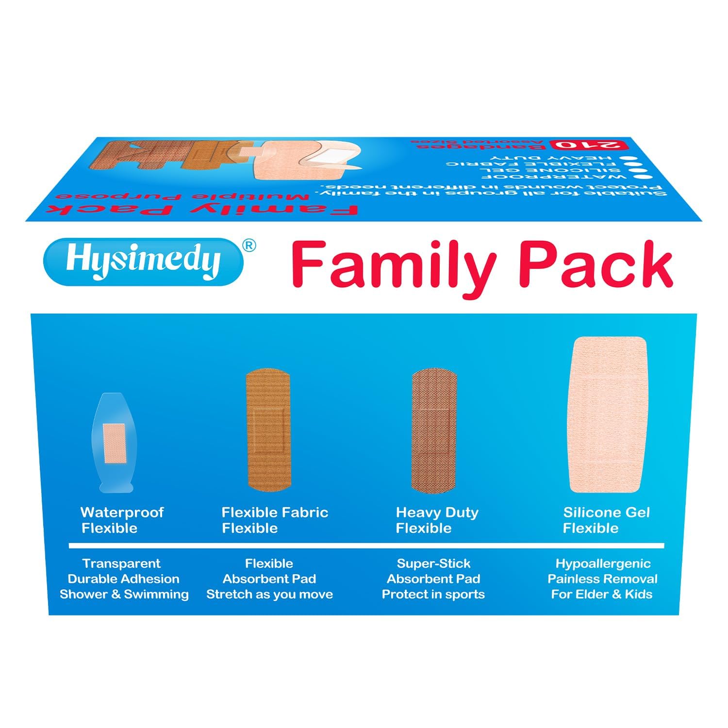 Hysimedy Paquete de 210 vendas adhesivas de tela flexible, resistentes e impermeables, de silicona, en varios tamaños, vendas para nudillos para pieles sensibles