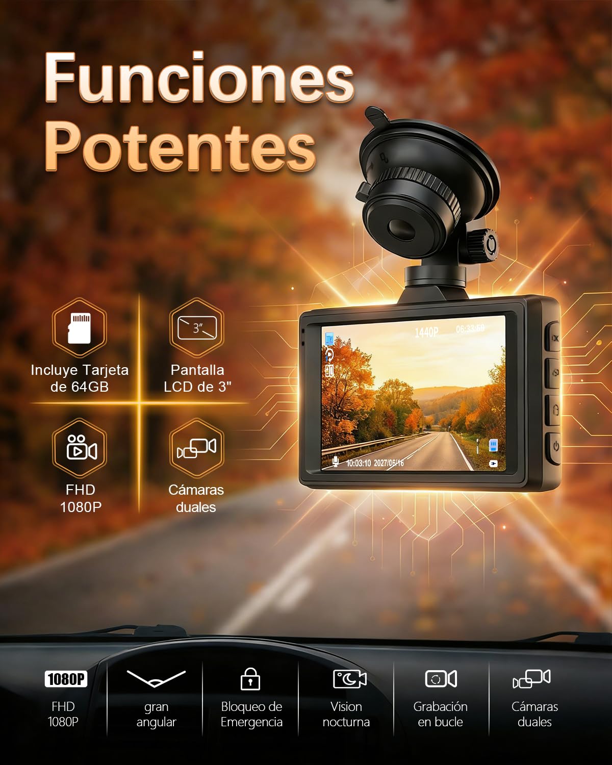 cámara de salpicadero Delantera y Trasera para Coche, Tarjeta de 64 GB incluida, cámara para Coche FHD 1080P, Gran Angular de 170°, HDR, grabadora de conducción, grabación en Bucle, visión
