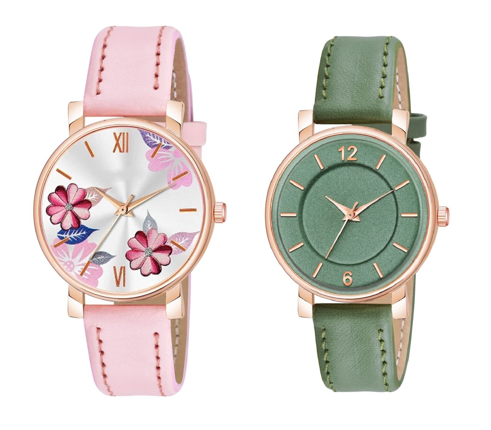 KIARVI GALLERY Pink Flower and 6 to 12 Antique Dial Analogue Stylish Leather Strap Analogue Girls and Woman Combo Watches(Pink-Green) (B0BPYSKSNJ) Amazon Price History, Amazon Price Tracker