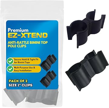 EZ-Xtend Anti-Rattle Bimini Top Pole Clips Boat Accessories 1" Black 2 PK