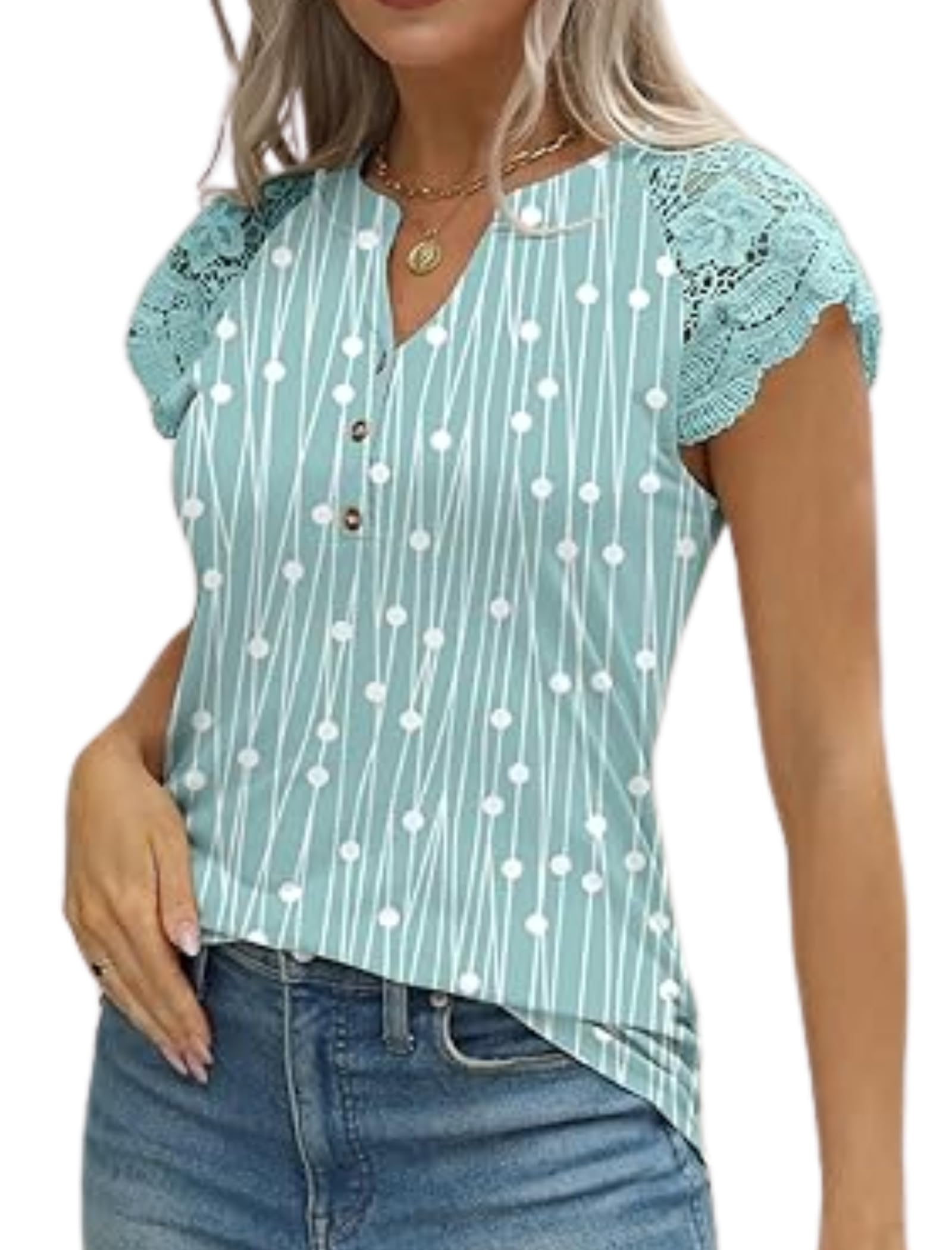 GUNEST Blusa sin mangas para mujer, con encaje, manga casquillo, con botones, cuello en V, para verano, casual, ajuste holgado, a la moda, linda, sin mangas