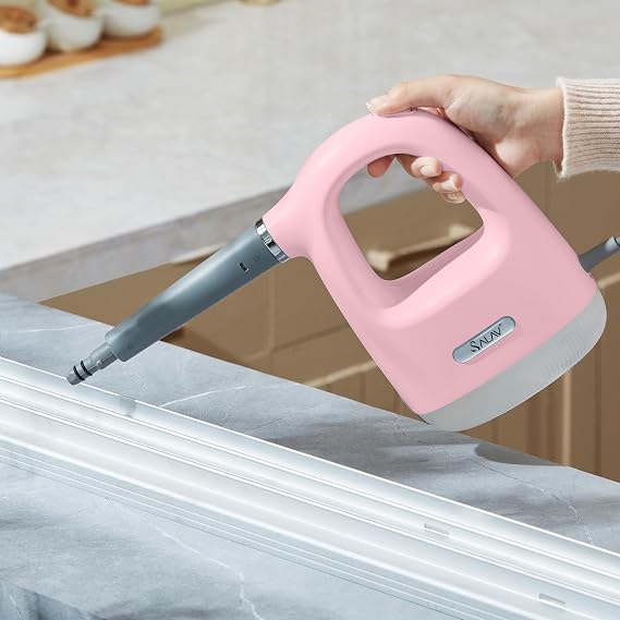 SALAV CS-100 CleanSteam Compact Steam Cleaner, Handheld Steam Cleaner with 10pc Accessories Set, Instant Refill, 1100 watts, Steam Lock Button for Hands-Free Use, Pink