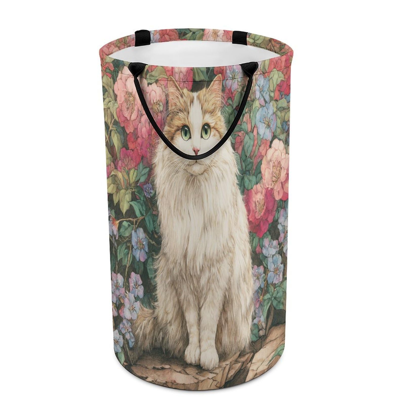 LUYYSKY Classic Rustic Cute Cat Collapsible Dirty Clothes Basket, Retro Watercolor Spring Garden Animals Kitten Pattern Portable Clothes Storage Basket