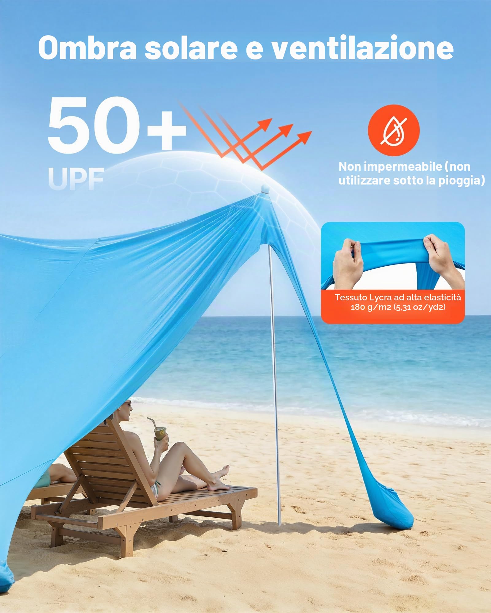 VEVOR Tenda Parasole da Spiaggia per Esterno Protezione Solare UPF50+ con Ancoraggio Dimensioni 3,4 x 3,4 x 2 m, Parasole da Spiaggia con Pali di Supporto Tenda Portatile per Campeggio Viaggio, Blu