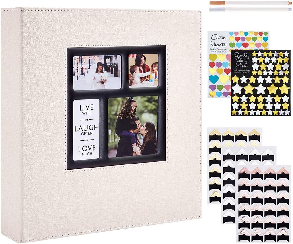 Lanpn Photo Album Self Adhesive Stick Pages, Large Capacity Linen Scrapbook Book Magnetic Photo Picture Albums with Sticky Pages Holds Different Size 4x6 5x7 8x10 (25 Sheets / 50 Pages, Beige)