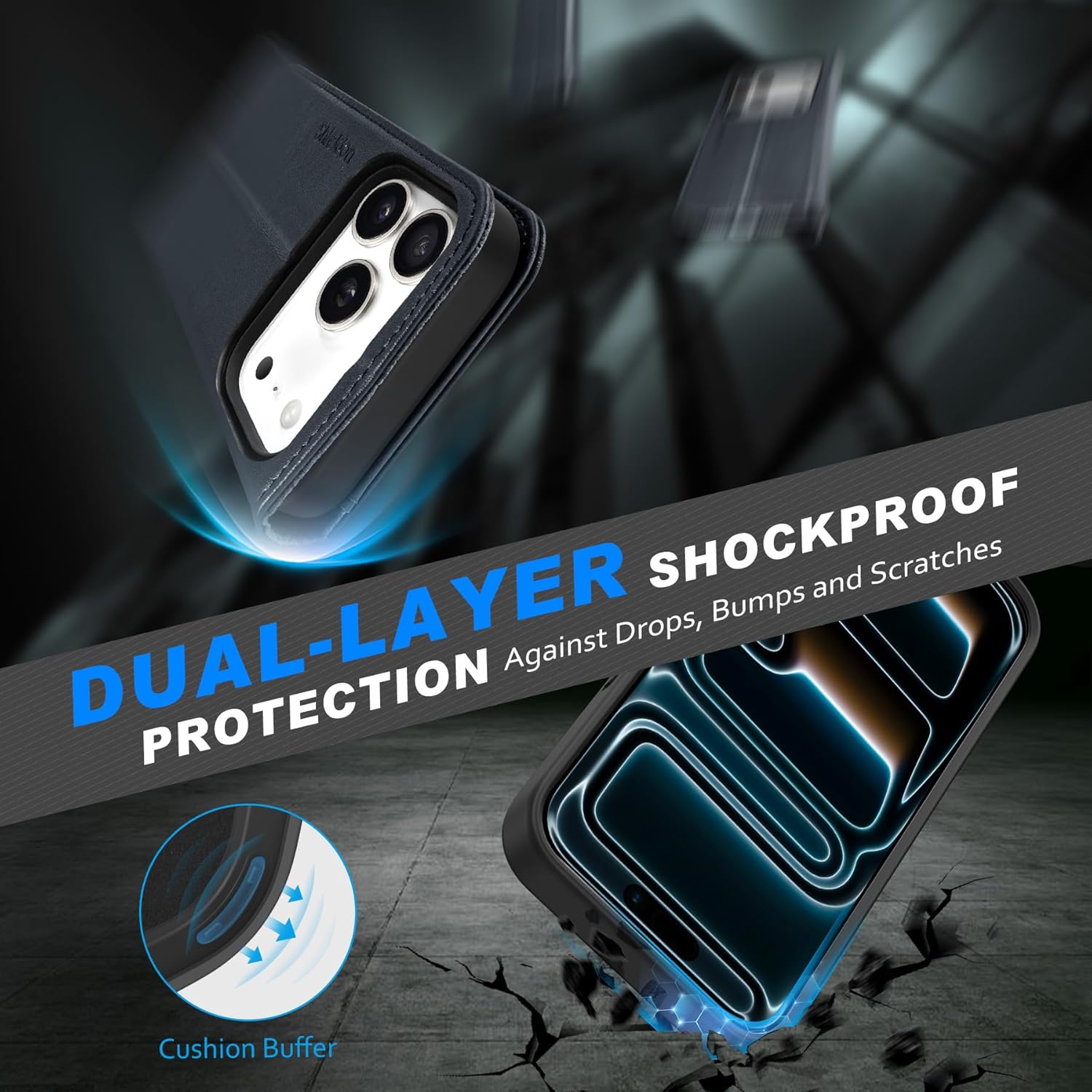 SHIELDON Genuine Leather Detachable Wallet Case for iPhone 17 Pro 6.3", RFID Blocking Credit Card Slot, Flip Magnetic Closure, Wireless Charging, Removable Shock Absorbing Cover - Dark Blue