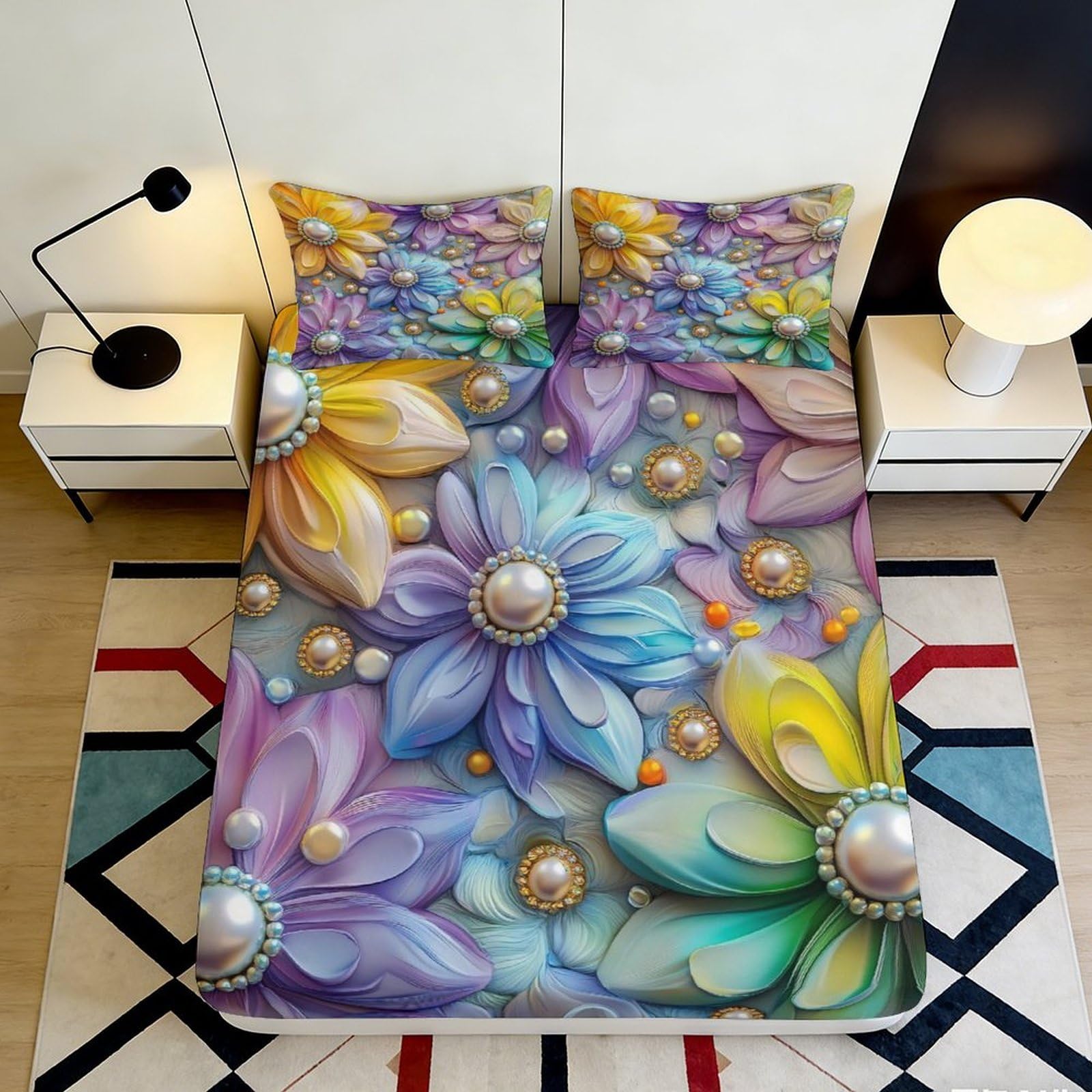 3D Printed Pearl Flower Fitted Sheet Microfiber Multicolour Bed Cover Anti-Slip Washable for Bedroom Guest Room 90x200x25cm