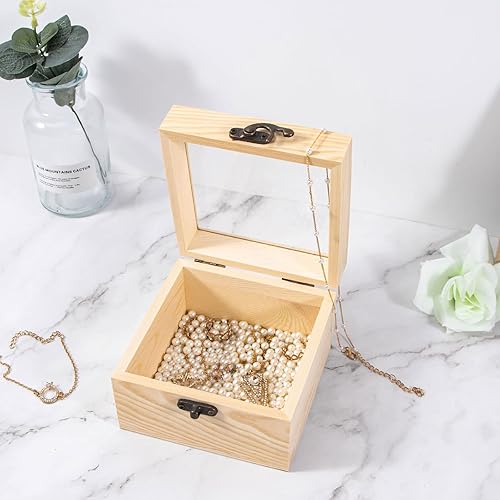 Miniatura 4 de 2 cajas pequeñas de madera con tapa con bisagras, caja de madera sin terminar con tapa de vidrio, pequeña caja de joyería de madera para regalo,