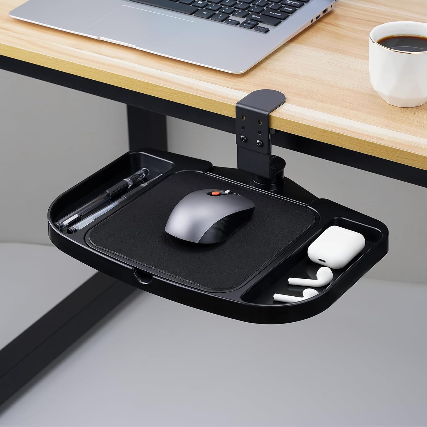 Clamp-on Mouse Pad Holder Platform, Height Adjustable Under Desk 360° Rotating Mouse Tray Rest Extension Attachment, with 5 Storage compartments Save Space