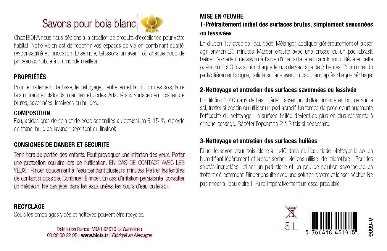 Savon pour sol blanc 5L BIOFA - Entretien, nettoyant et finition bois tendre - Effet blanchâtre sols, meubles, lambris, plafonds