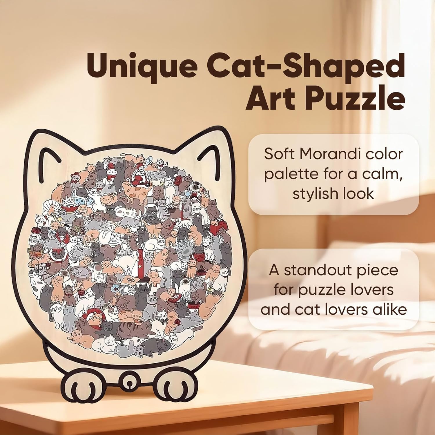 135 Piece Cat Shaped Wooden Jigsaw Puzzle,Morandi Colored Cat Shaped Wooden Jigsaw Puzzle, Cute Animal Cats Wood Puzzles, Gift for Cats Lovers Home & Relaxation