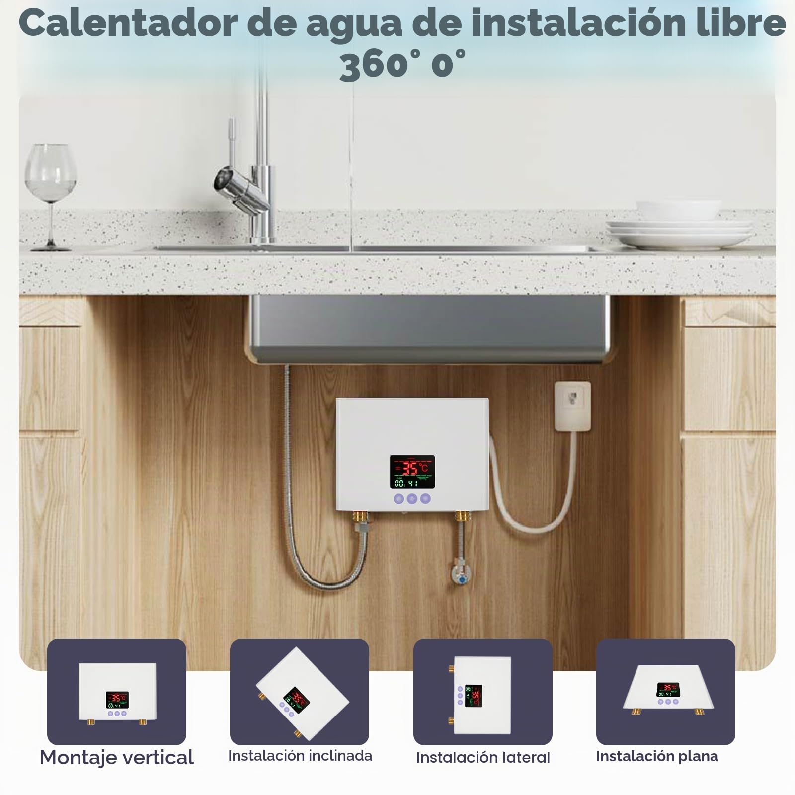 Mini calentador de agua instantáneo,Calentador de agua electrico instantaneo,pequeño calentador de agua instantáneo con pantalla LED de temperatura,calentador de agua de cocina 220V (3KW)