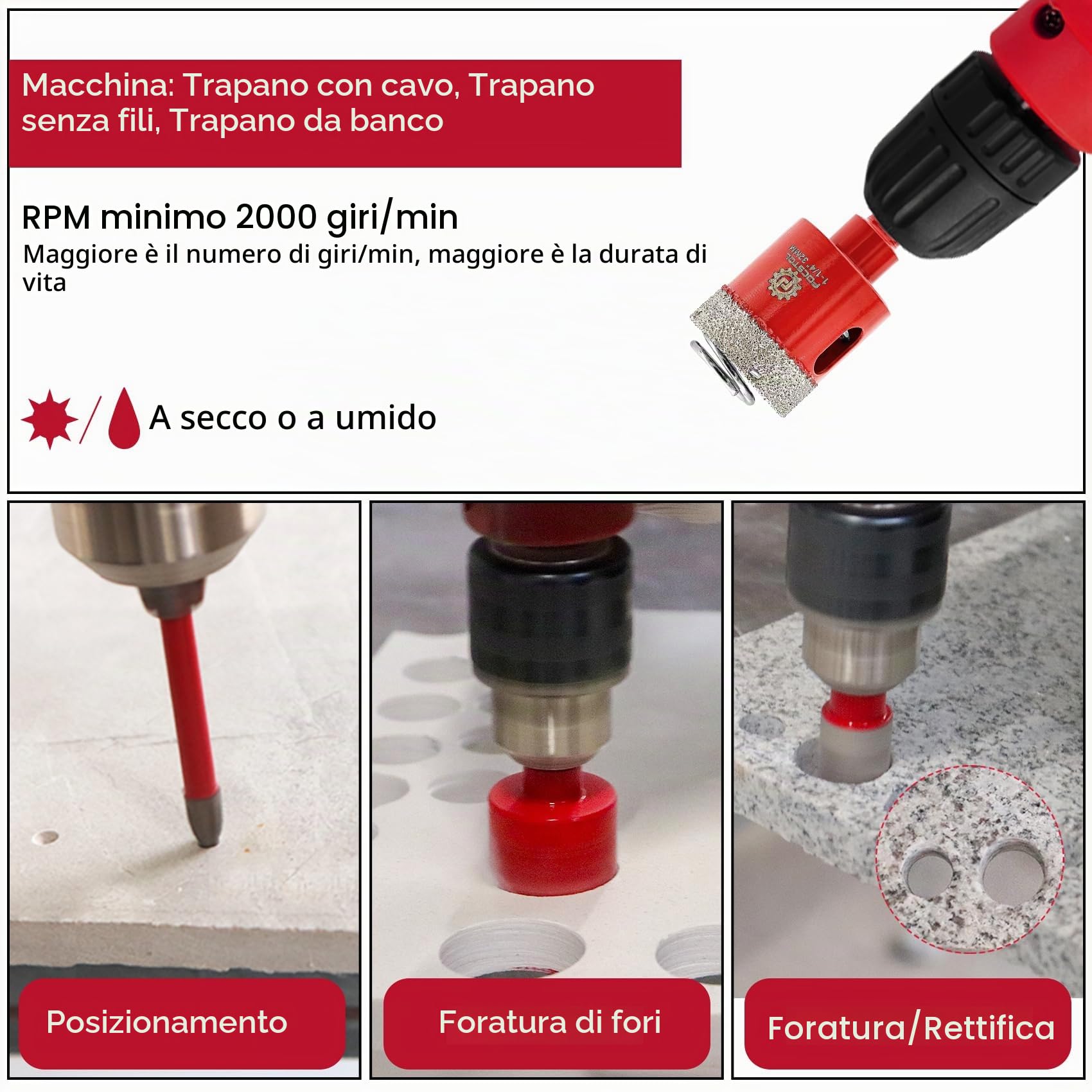 FOCSTOL Punte Diamantate Gres Porcellanato - Punte Trapano Diamantate per Piastrelle Ceramica Marmo Graint 13 pezzi (6/8/10/25/28/32/35/45/50/65mm+20mm Trapano Fresa+6/6mm Punta in Carburo)