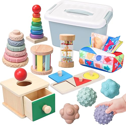 Miniatura 7 de Juguetes Montessori para bebés de 6 a 12 meses, 1 año de edad, juego educativo de aprendizaje 8 en 1, juguetes sensoriales de madera para bebés de
