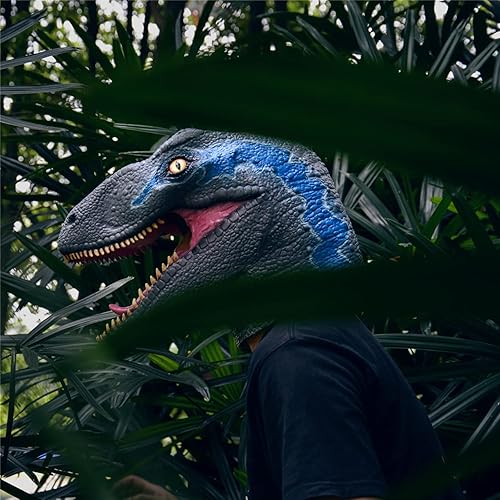 Miniatura 6 de PARTYGEARS Máscara de dinosaurio velociraptor mejorada para fiesta de disfraces de Halloween, máscara de cabeza de dinosaurio de látex