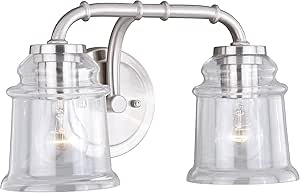 VAXCEL Toledo 2-Light 14.75 inch Wide Satin Nickel Industrial Bathroom Vanity Lighting Fixture, Clear Glass Shade, Dimmable, LED Compatible, Over The Mirror Mounted Steel Wall Sconce