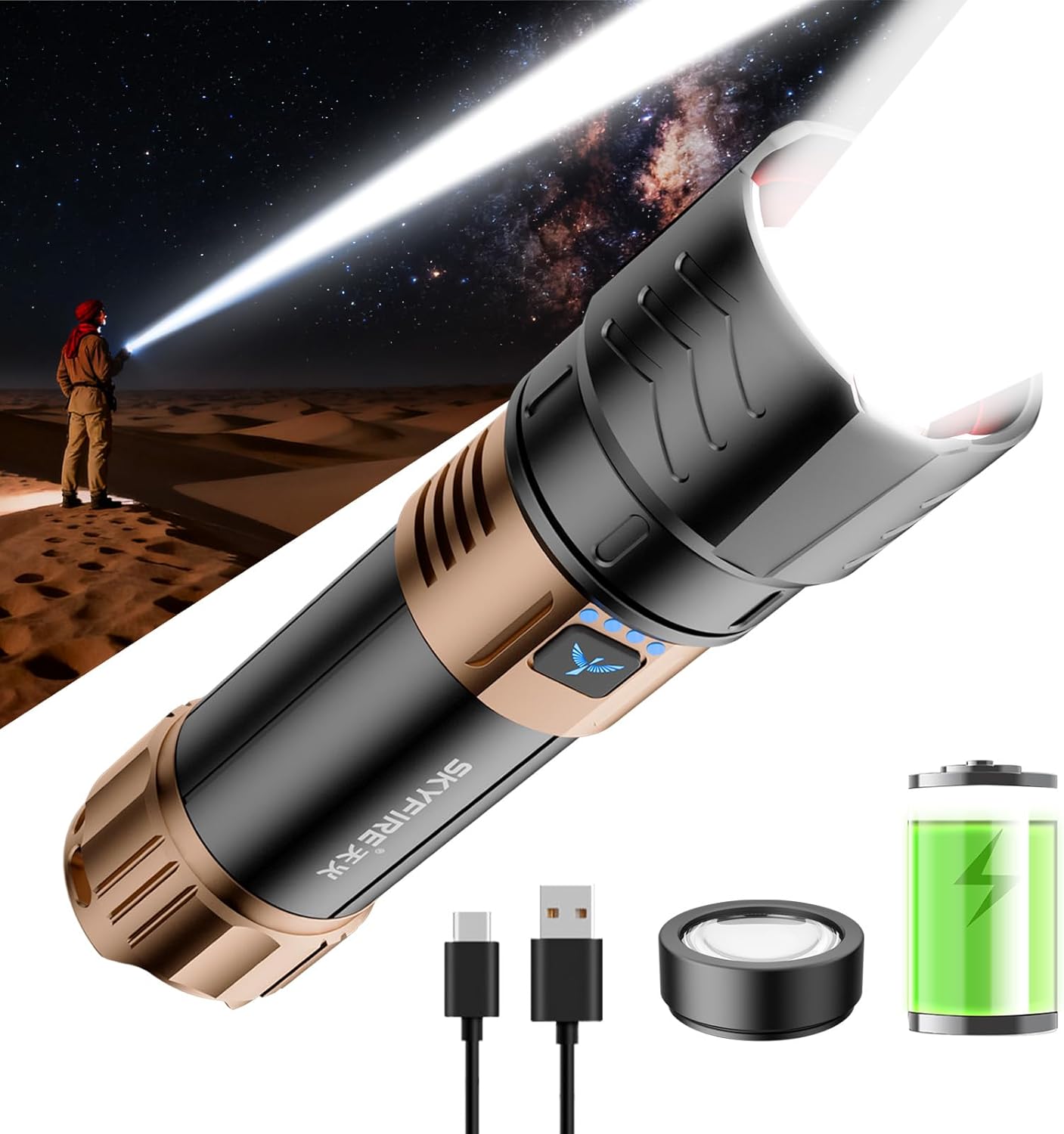 SKYFIRE Rechargeable Flashlights High Lumens Plus with Ignition Lens,3000lm Super Bright Flashlight,7500mAh,Zoomable,Waterproof Tactical Flash Light for Camping Essentials Outdoor Home&Gifts-Upgraded