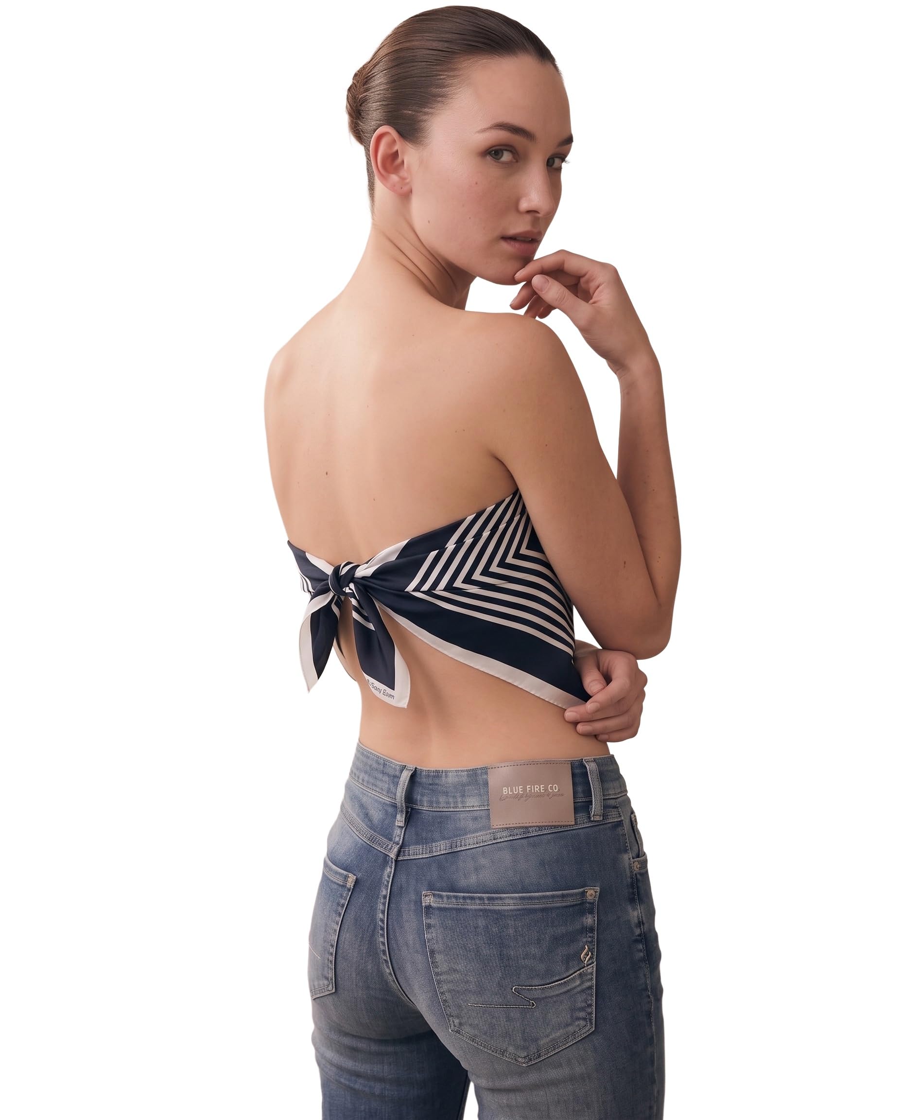 Women's Satin Printed Scarf, Black and White Striped Chevron Pattern, Square Scarf, 90x90 cm-image-24