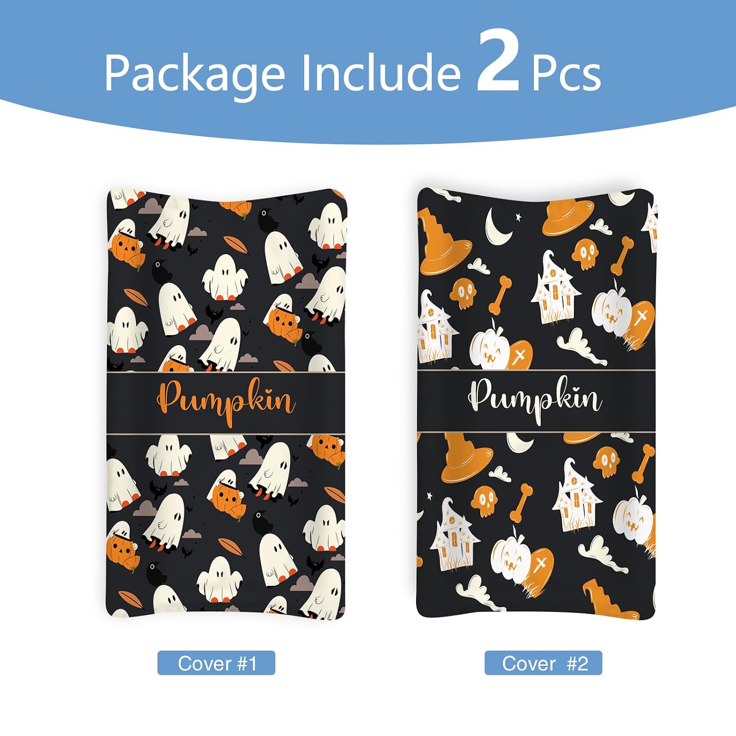 KAINSY Personalized Halloween Black Ghost Pumpkin Print Changing Pad Cover, Custom Diaper Change Table Sheets with Name, Soft Jersey Knit Change Table Sheets, 2 Pack Changing Pad Covers (16" x 32")