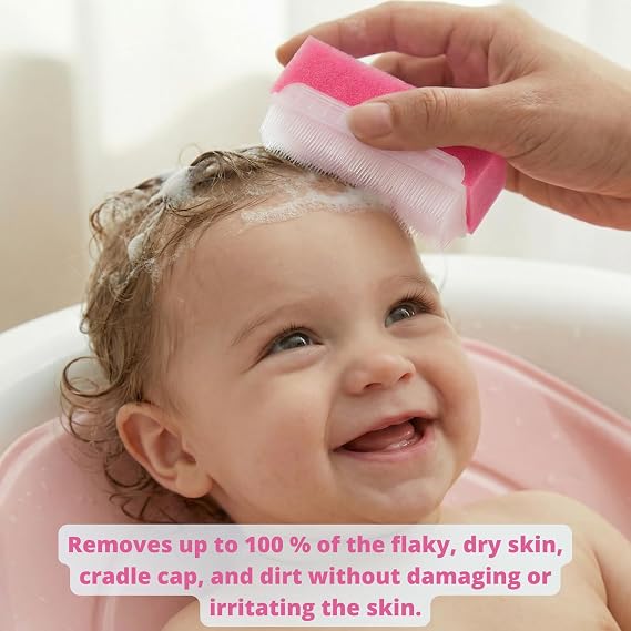 Cradle Cap Brush and Sponge Set for Baby - Bath Essentials for Newborns | Treatment Comb | Baby Bath Sponges (5-Pack Pink)