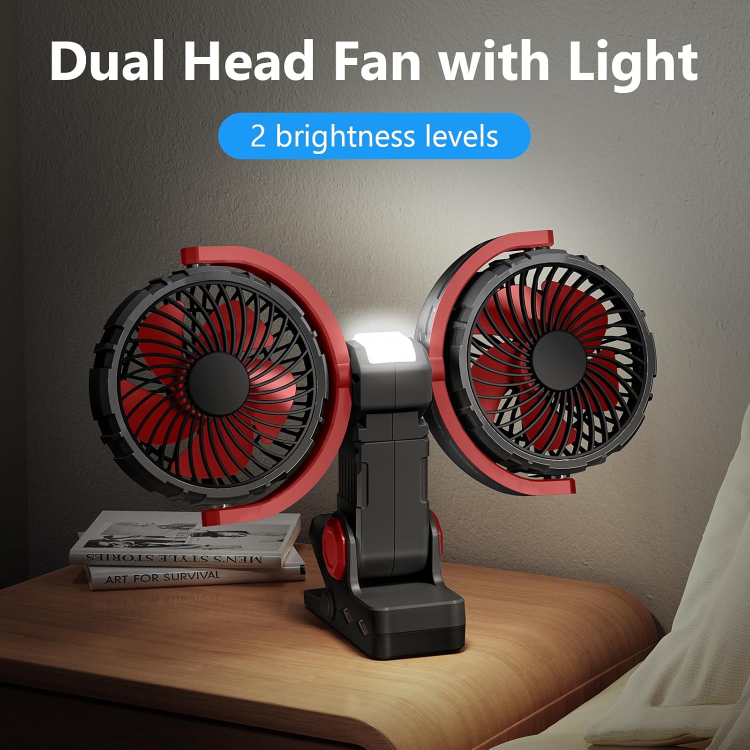 Dual Head Clip on Fan Battery Powered with Light,Portable USB Rechargeable Powerful Desk Table Fans,360°Rotation Cooling Clamp Fans for Car,Golf Cart,Treadmill,Kitchen,Outdoor Travel Camping(Black)