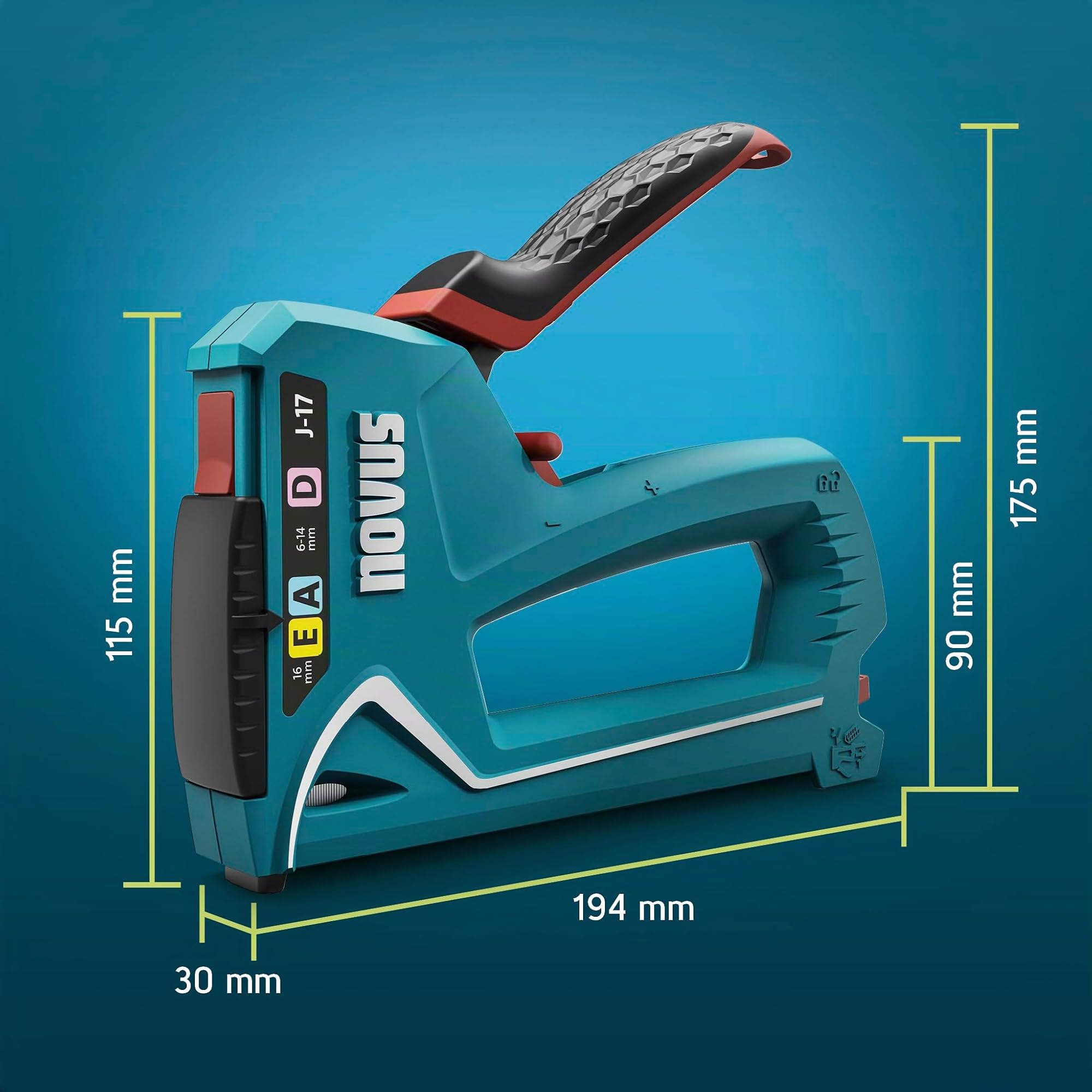 NOVUS TOOLS Handtacker J-17 Set mit 1800 Klammern, 3-in-1 Tacker | Universaltacker für Feindraht- und Flachdrahtklammern 6-14 mm und Nägel 16 mm, Softgrip, Unterlademechanik