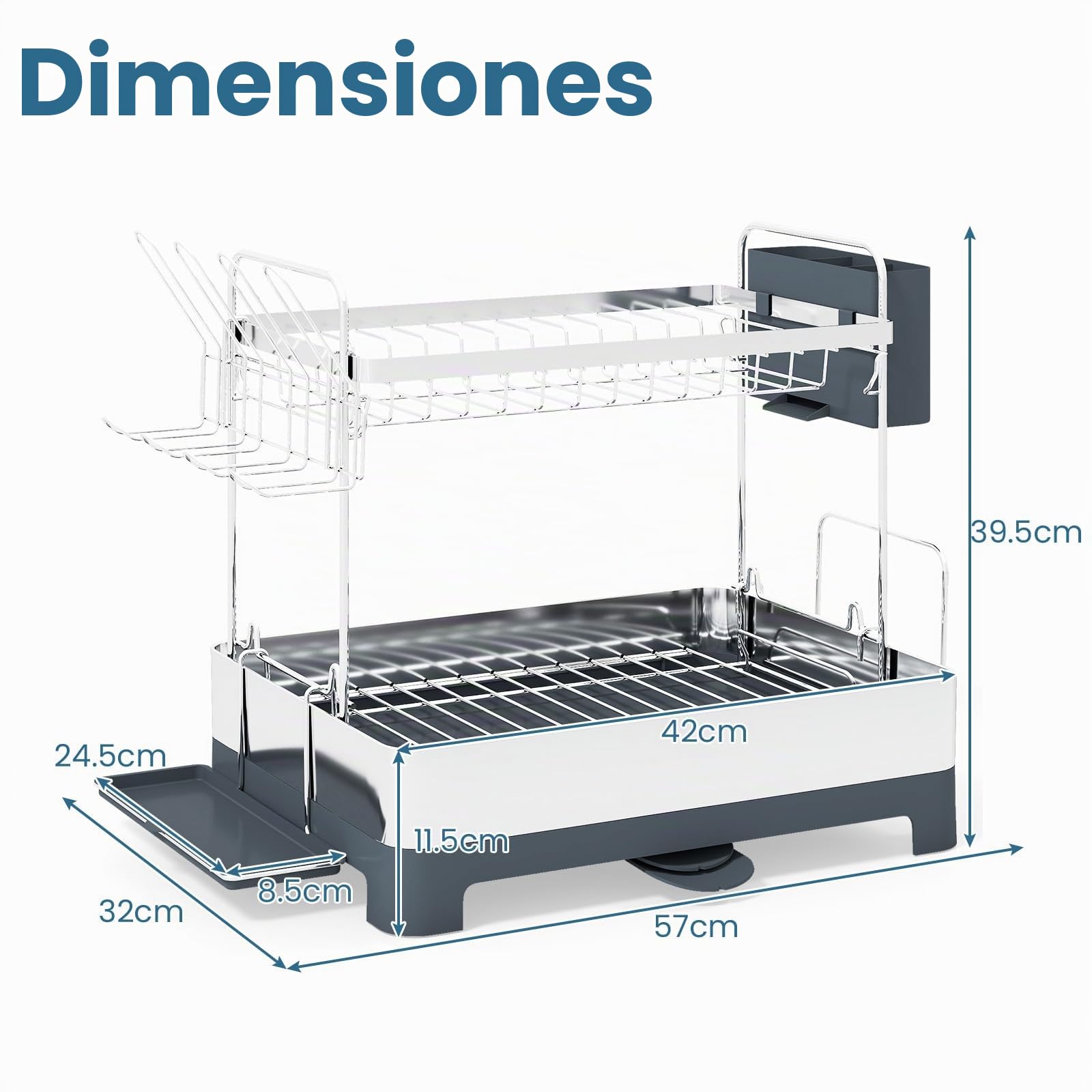 KOMFOTTEU Escurridor para Platos de Acero Inoxidable, Escurreplatos de 2 Niveles con Bandeja de Goteo, Cubo de Cubiertos, Portavasos, Estante Organizador de Cocina, 57 x 32 x 39,5 cm