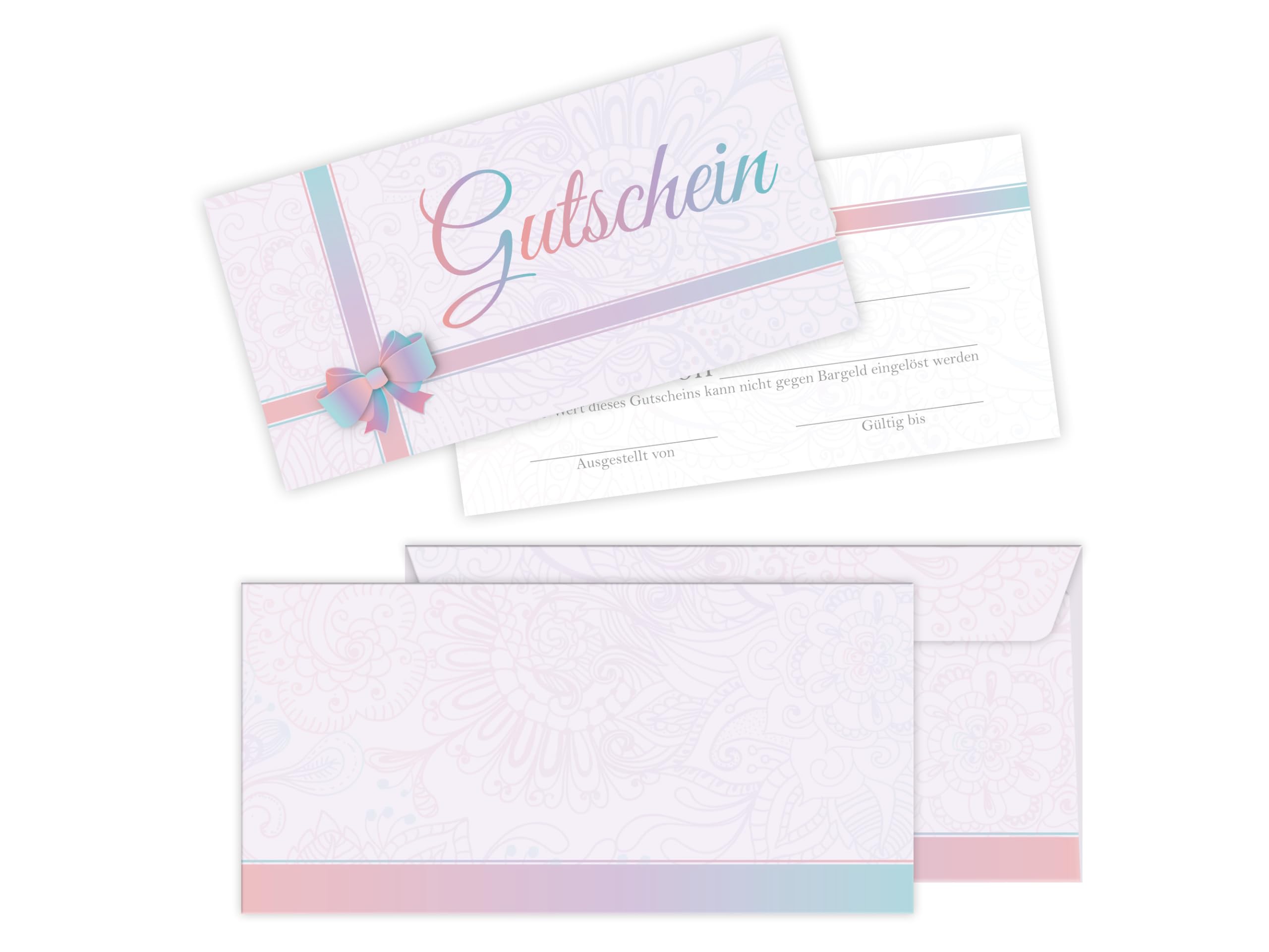 100 Gutscheine DIN lang (21x10,5 cm) mit 100 Kuverts DIN lang (22x11 cm) Ornament Schleife Gutscheine zum Ausfüllen Gutschein Geschenk Karte für Massage Wellness Kosmetik Nagelstudio Spa Beauty