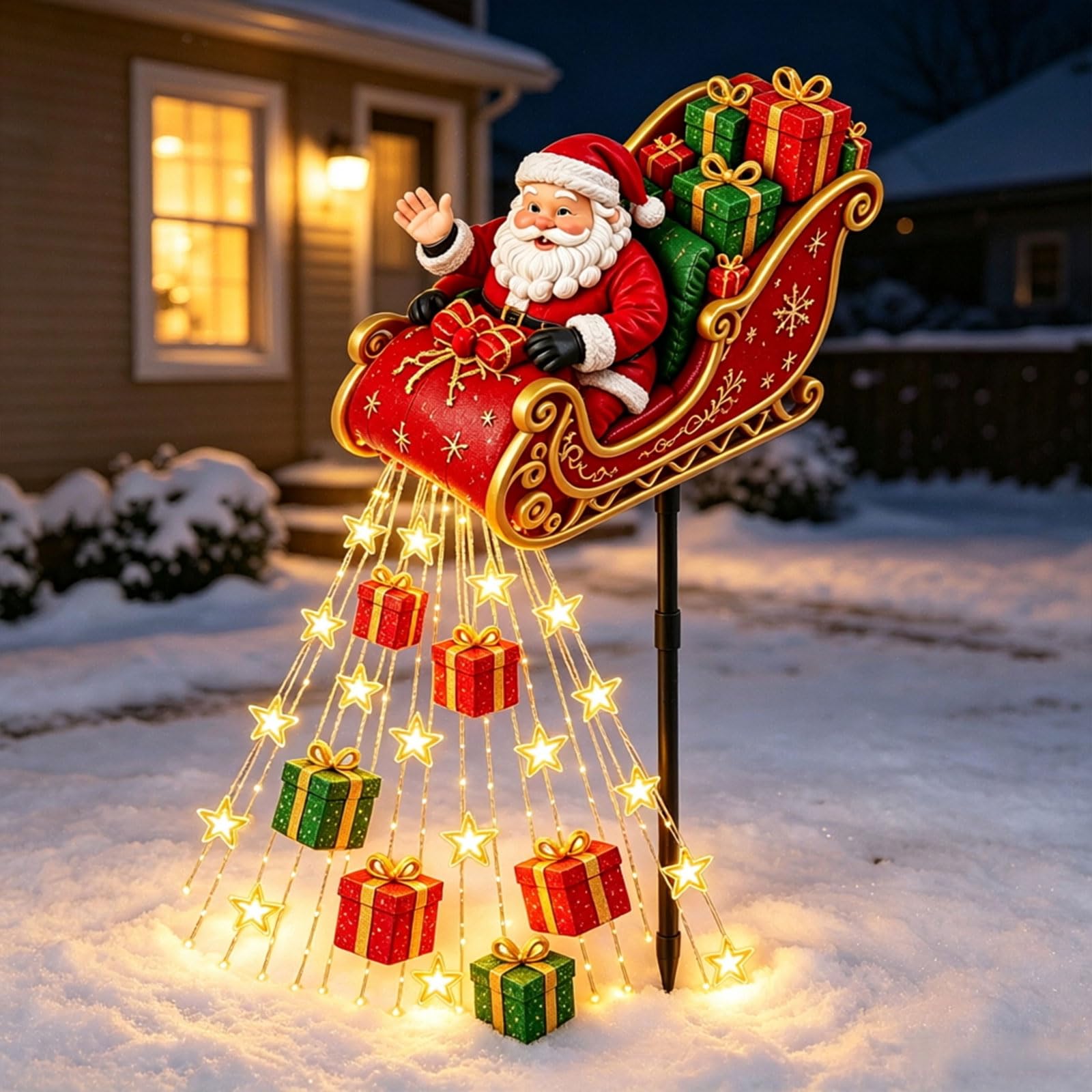 Santa Flying Sleigh Gift Cascade, LED Christmas Star Lights Outdoor Yard