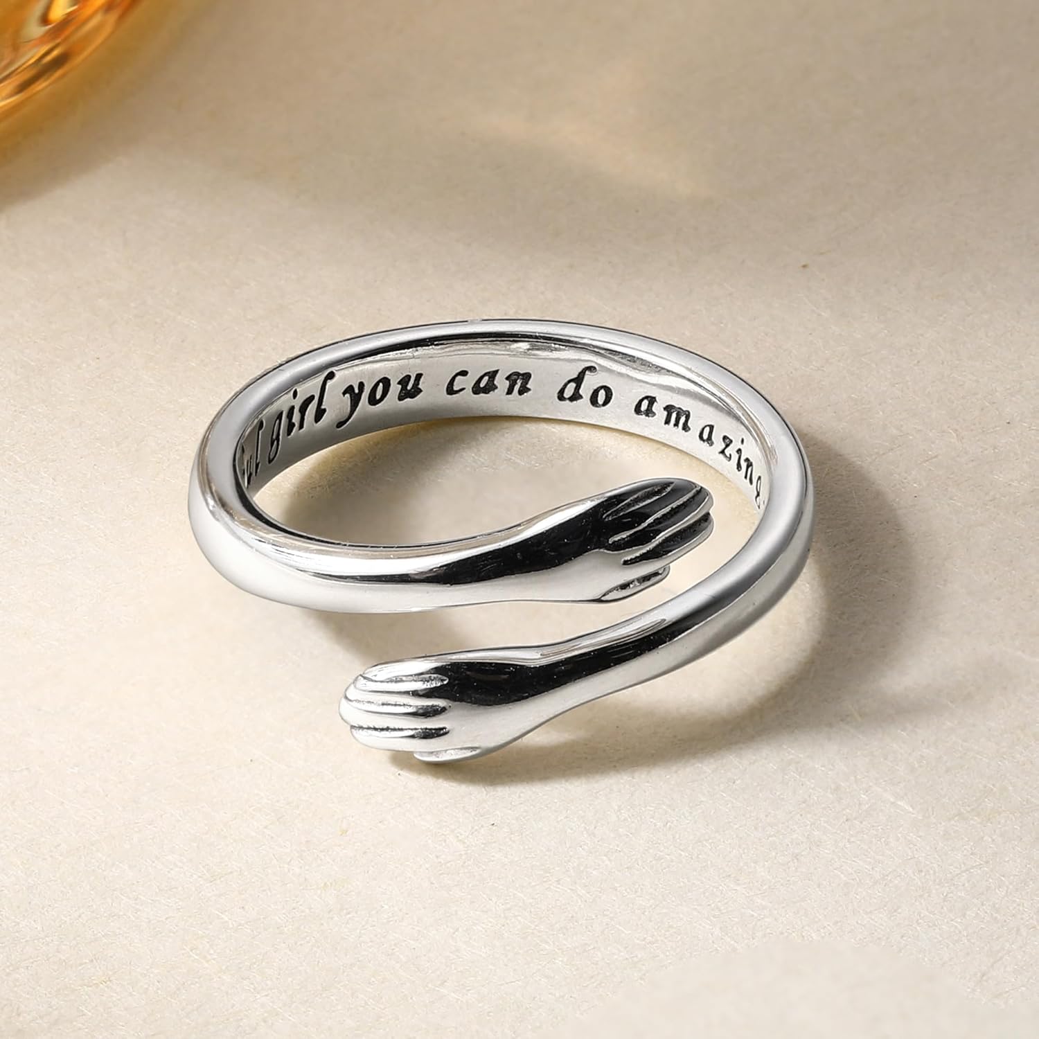 LOVECOM 2Pcs S925 Sterling Silver Hug Rings Set for Women Adjustable Hugging Hands Open Hope Ring Hug from Heaven Ring Jewelry Birthday Gifts for Mother Daughter Grandma Best Friend Granddaughter