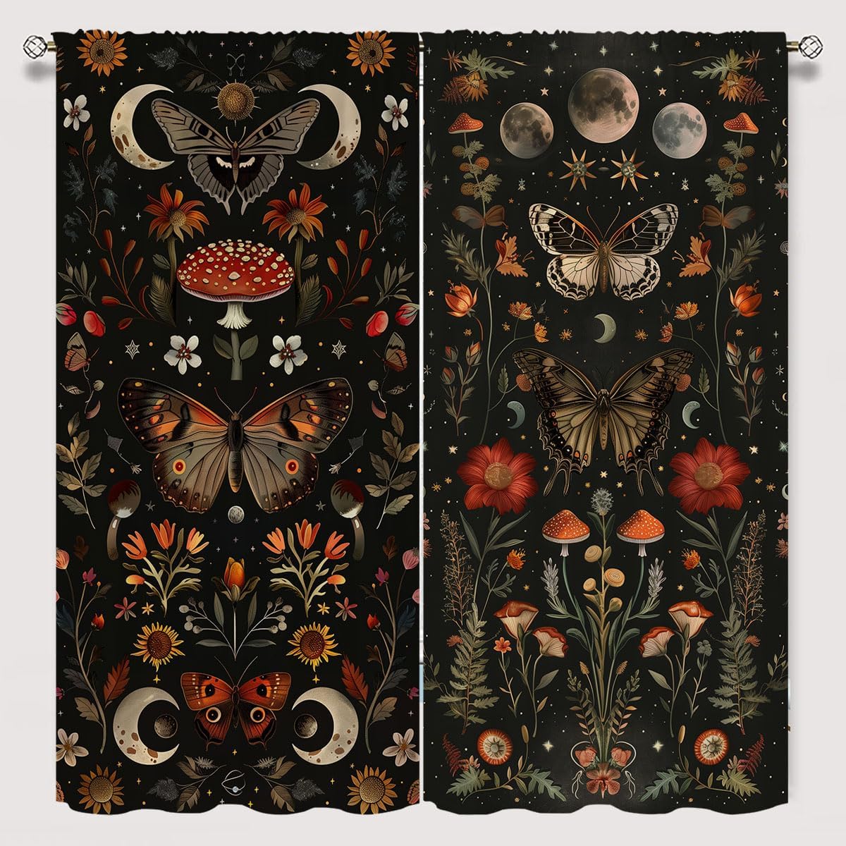 Moth Butterfly Window Curtains for Kid Girls Boys Bedroom, Mushroom Moon Phase Boho Flowers Rod Pocket Darkening Thermal Insulated Window Drapes for Bedroom Living Room, W42xL63 Inch Decor