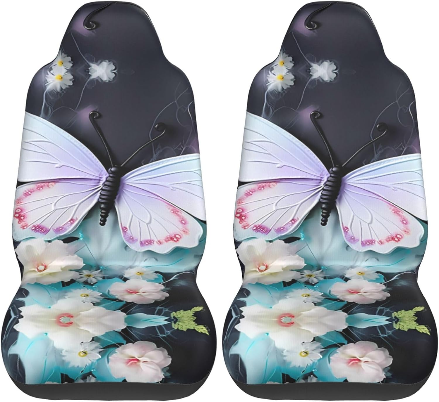 Universal White Butterfly Printed car seat Covers are Suitable for Most Seats in Trucks, Vans, and Other Similar Vehicles.