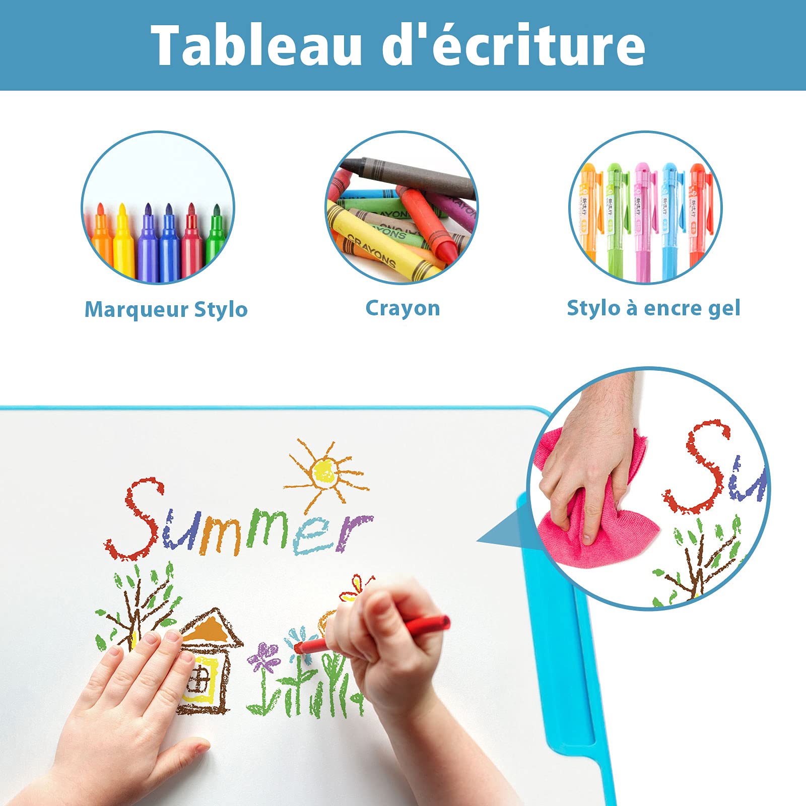 COSTWAY Bureau Enfant Garçon Fille avec Chaise & Plateau Incliné, Table et Chaise Enfant avec Hauteur Réglable & Éclairage à 3 Niveaux, Support de Livre, Tiroir, Charge 80/100kg pour 6-12 Ans, Bleu