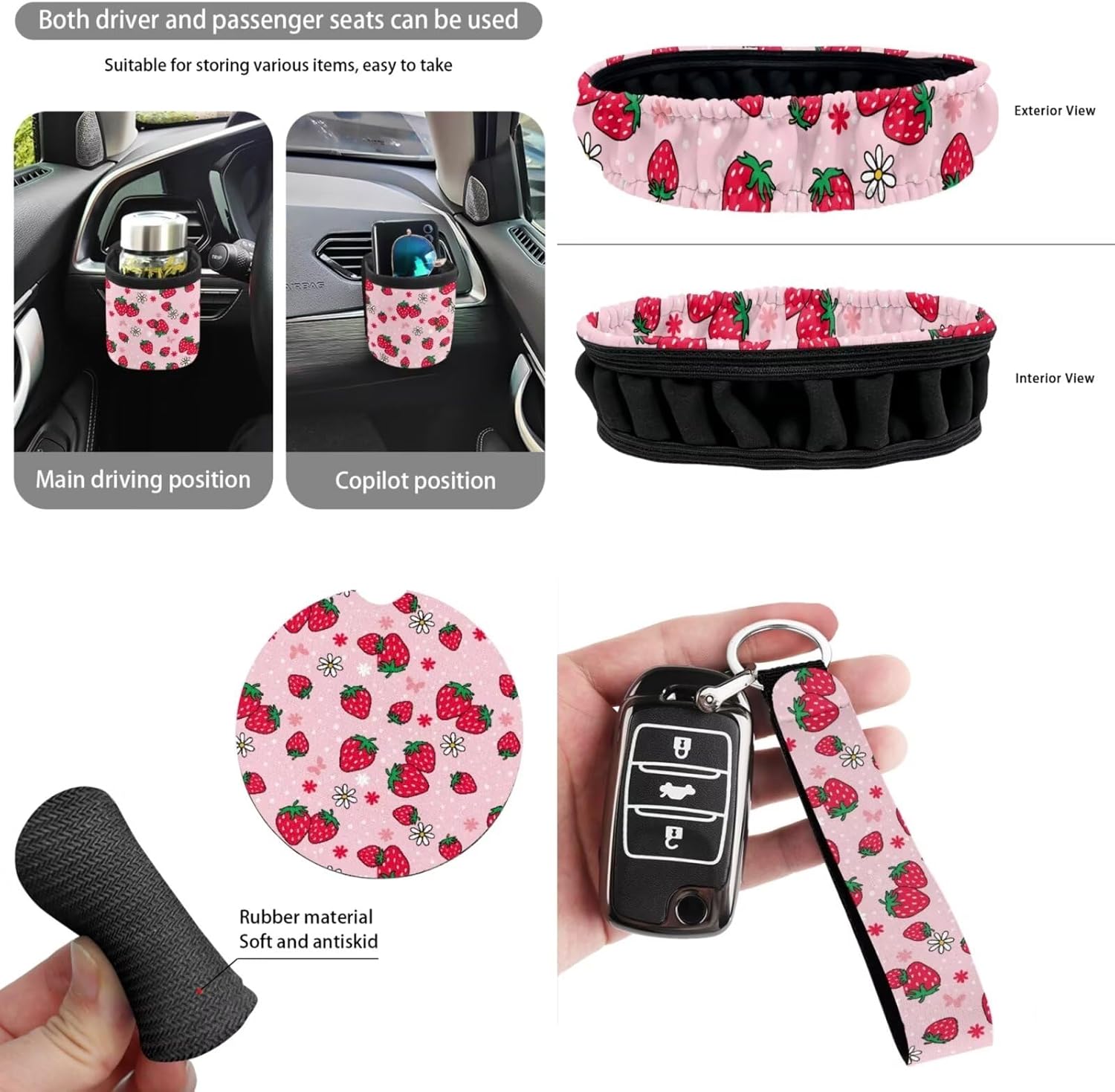 Car Accessories Pink Strawberry Car Seat Cover Full Set Include Cup Coasters Key Chain Rearview Mirror Cover Trash Can Steering Wheel Covers and Seatbelt Pads Car Interior Decor