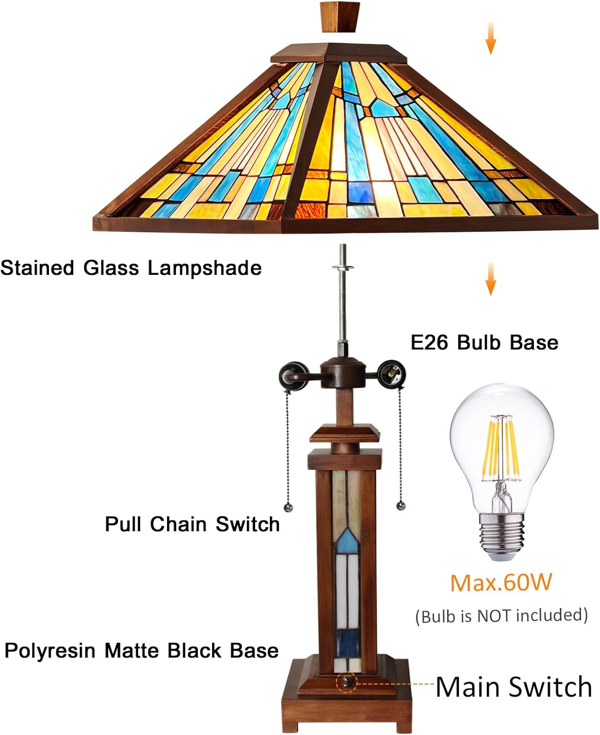 Capulina Tiffany Lamp Stained Glass Table Lamp 3-Light 15X15X26 Inches Wooden Base Green Blue Antique Tiffany Style Desk Lamp Decor for Living Room Bedroom Home Office