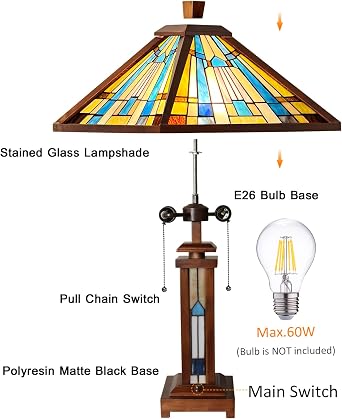 Capulina Tiffany Table Lamp Wooden Base Blue Stained Glass Lamp 3-Light