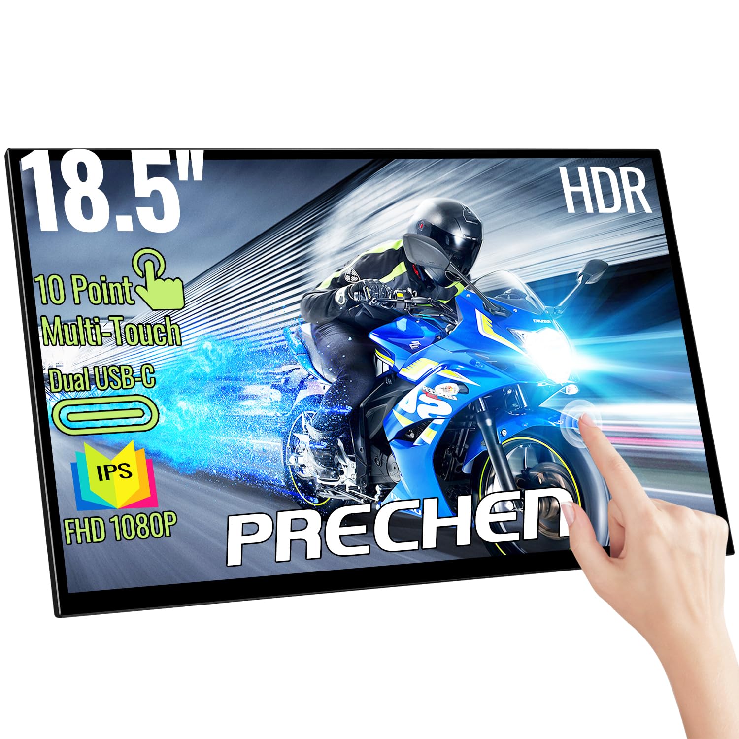 Portable Touchscreen Monitor 18.5 Inch, HDR, 350cd/m², 1920x1080 Travel Second Touch Monitor with HDMI USB C, 99% sRGB, Built-in Speakers, Kickstand & VESA,Touch Display for Laptop PC Phone