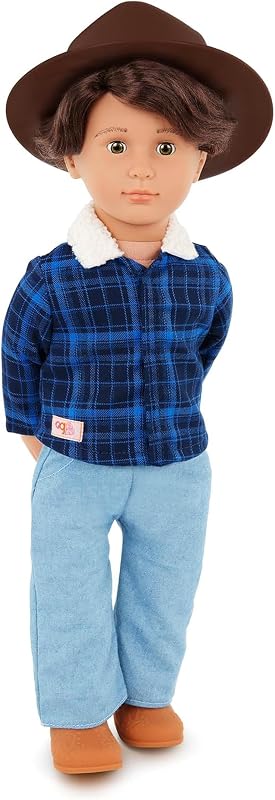 Nuestra generación – Muñeco de niño de 18 pulgadas – Ojos de avellana realistas y cabello marrón ondulado – Conjunto de estilo occidental y sombrero de campo – Juego de simulación – Juguetes para niños de 3 años en adelante – Dustin
