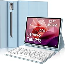 IVEOPPE Lenovo Tab P12 12.7 Inch Spanish Keyboard – Detachable Magnetic Bluetooth Keyboard Case for Lenovo Tab P12 2023 12.7 Inches TB370FU Tablet, Sky Blue