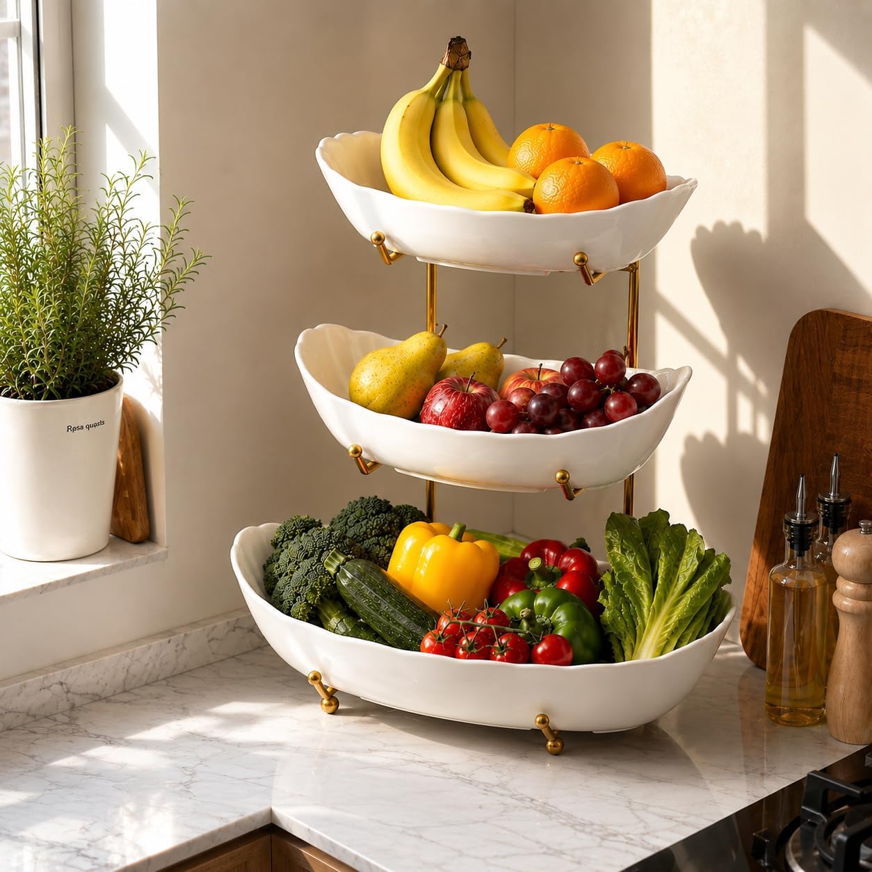  Large Fruit Bowl for Kitchen Counter - 3 Tier Fruit Basket with Gold Metal Stand, Ceramic Fruit Holder, Tiered Serving Trays for Party thumbnail