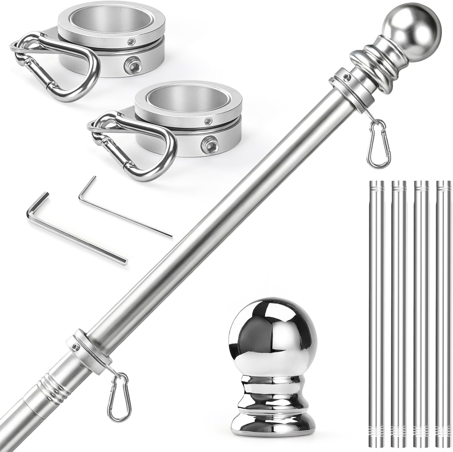  Flag Pole for Outside House - Stainless Steel 5 FT Flag Poles Kit with1 Inch Metal 360° Rotating Rustproof Flag Pole Rings for Outside House Porch 3x5 Flag Without Holder (5 FT-Sliver)